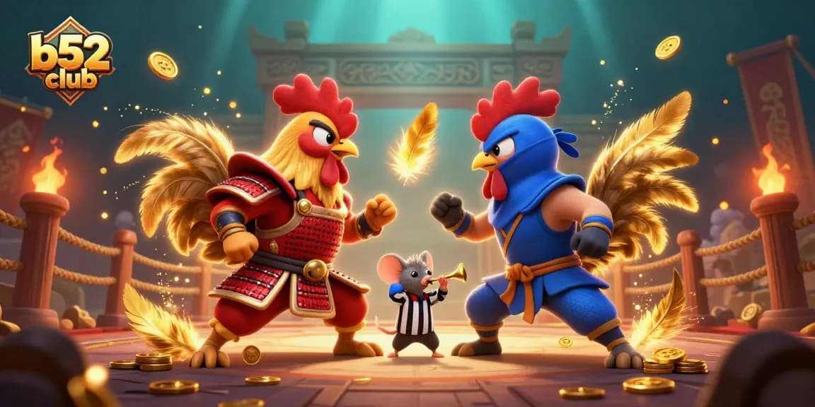 Battle between roosters symbolizes exciting games at b52 club, featuring a dynamic gaming arena.