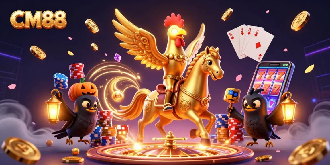 Experience the thrill of CM88 casino with golden rooster and spectral horse amid vibrant games.