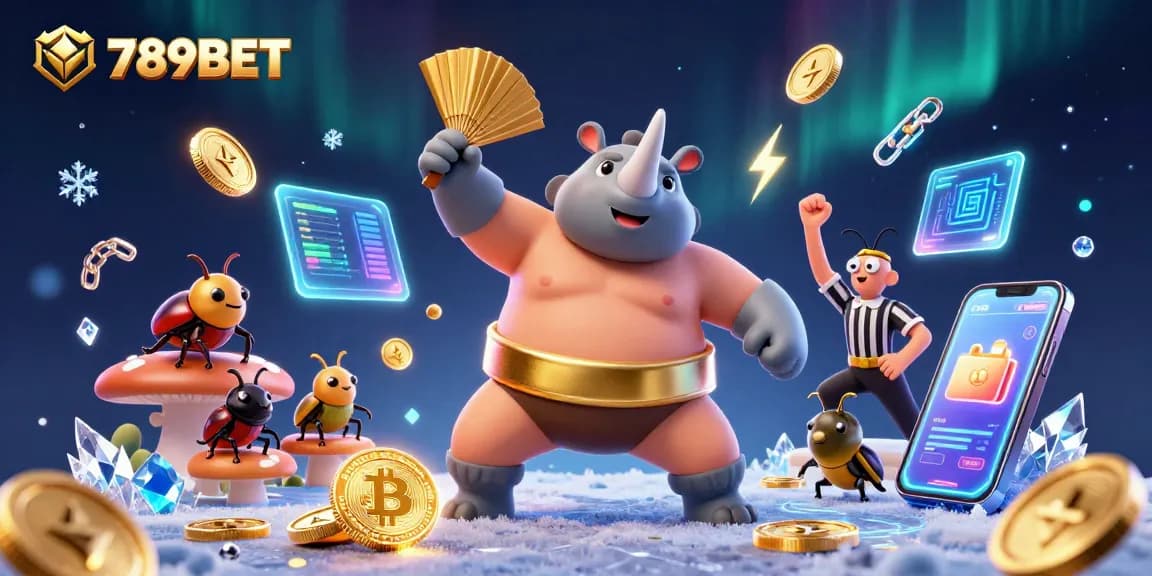 Engaging scene showcasing 789BET with a sumo beetle champion surrounded by glowing crypto elements and coin action.