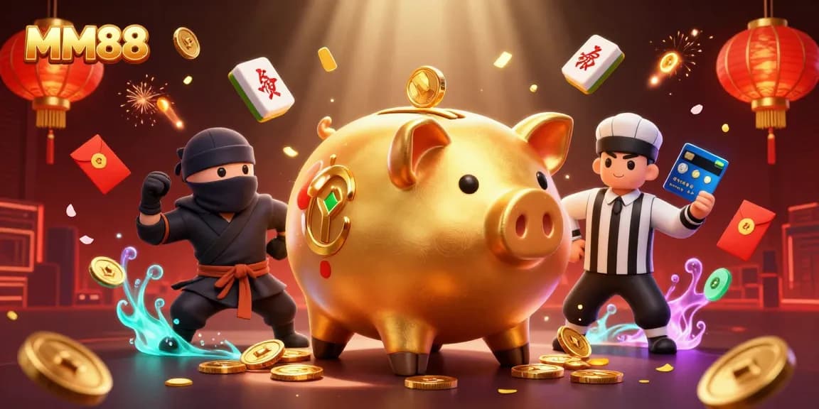 Experience the excitement of MM88 with a dynamic casino showdown featuring gold coins and colorful elements.