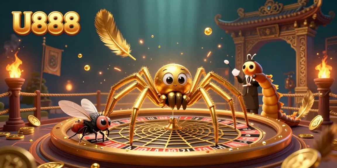Experience U888 with a vibrant 3D casino scene depicting a golden spider spinning a roulette web.