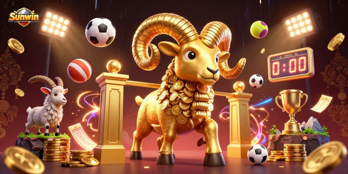 Win big with Sunwin in a vibrant 3D casino scene filled with dynamic sports elements.