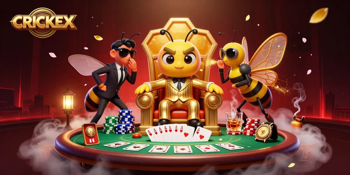 Engage in CRICKEX betting with a vibrant scene of casino action featuring a bumblebee mob boss.
