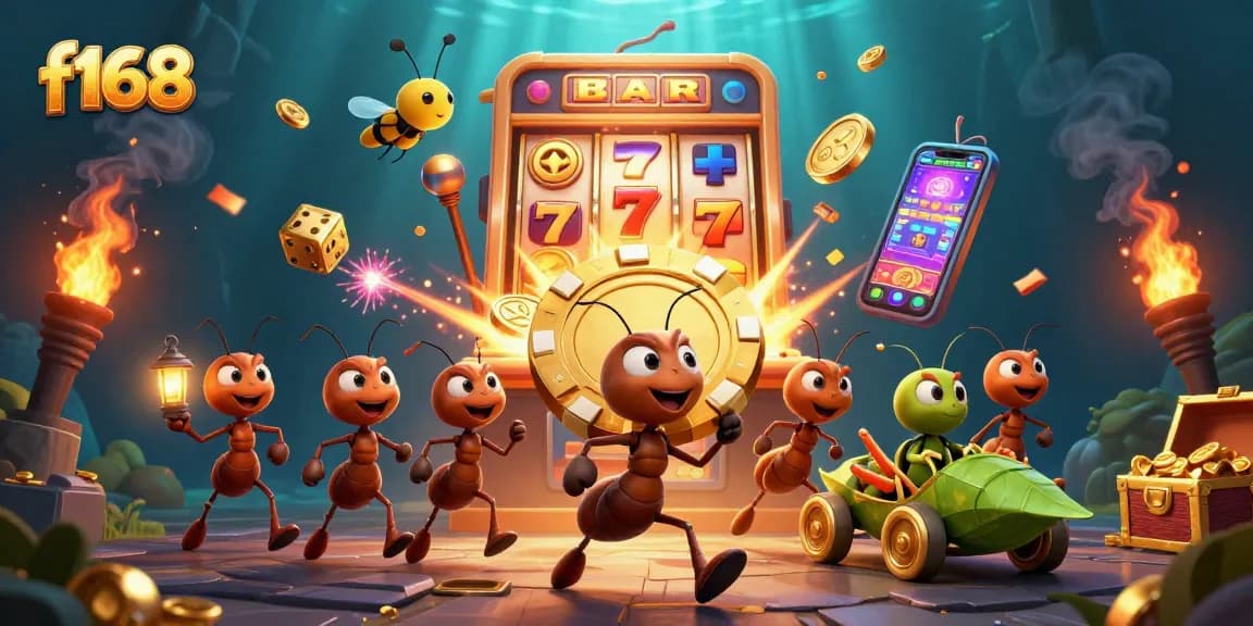 Win big at f168 with a rich, dynamic casino heist illustration featuring ants and vibrant gaming elements.
