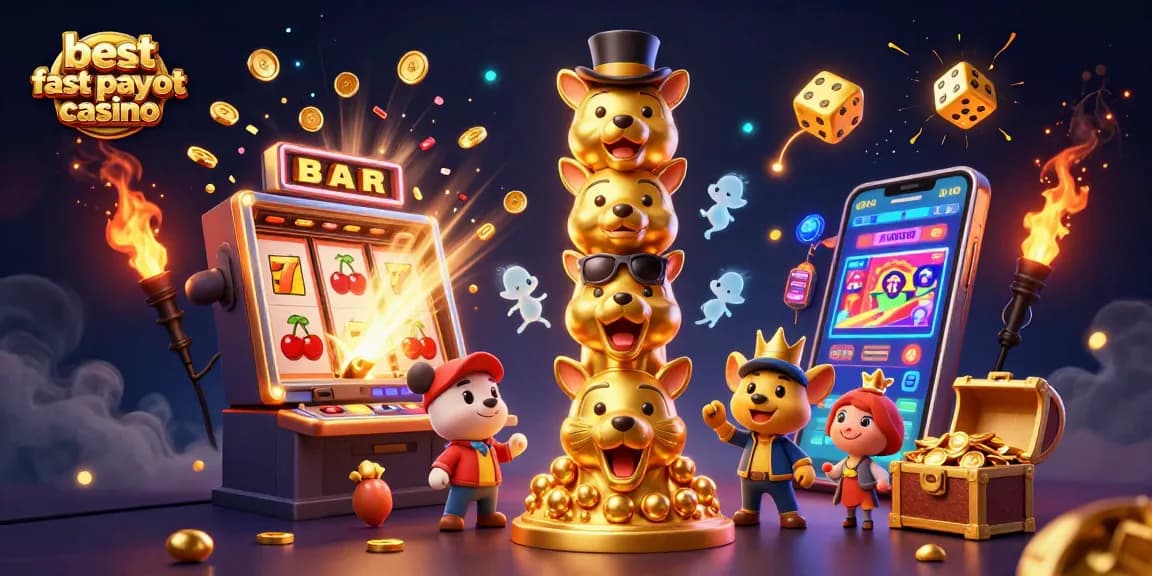 Experience the thrill at the best fast payout casino with dynamic slot machines, golden totem pole, and festive atmosphere.