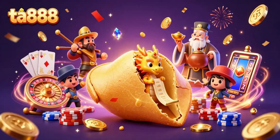 Engage with ta888's magical casino world featuring golden fortune cookies and dynamic game elements.