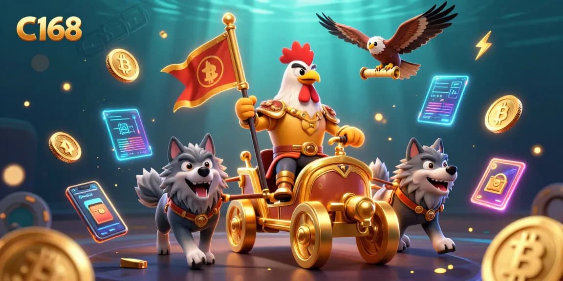 C168 Casino showcases a dynamic scene of a rooster warlord on a chariot amidst Bitcoin and glowing slot elements.