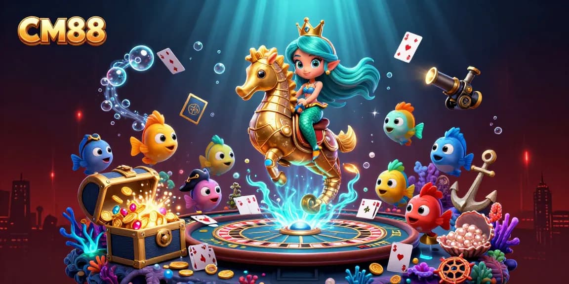 CM88 mermaid princess navigating a vibrant underwater casino, surrounded by dynamic gaming elements.
