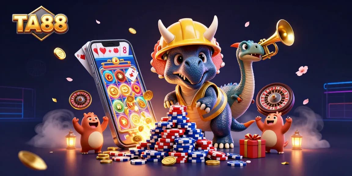Engage with TA88 casino excitement as a triceratops builds poker chip towers amidst cheering dinosaurs.