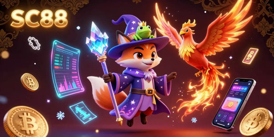 Engage with SC88: A mystical casino adventure featuring a wizard fox and phoenix among dazzling crypto elements.