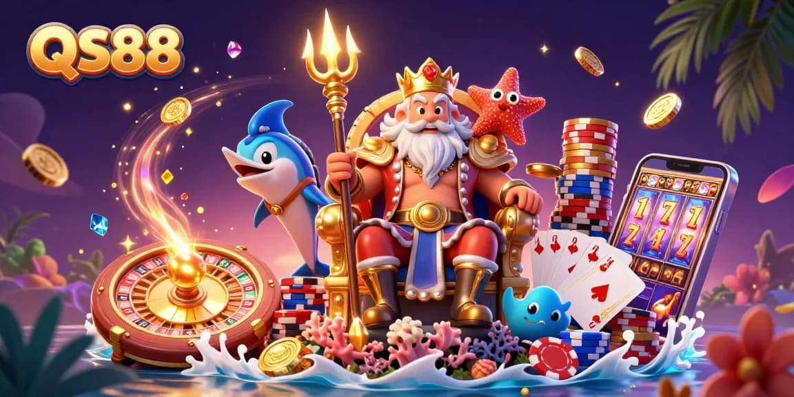 Engage with QS88's thrilling gaming experience featuring Neptune and vibrant casino elements.