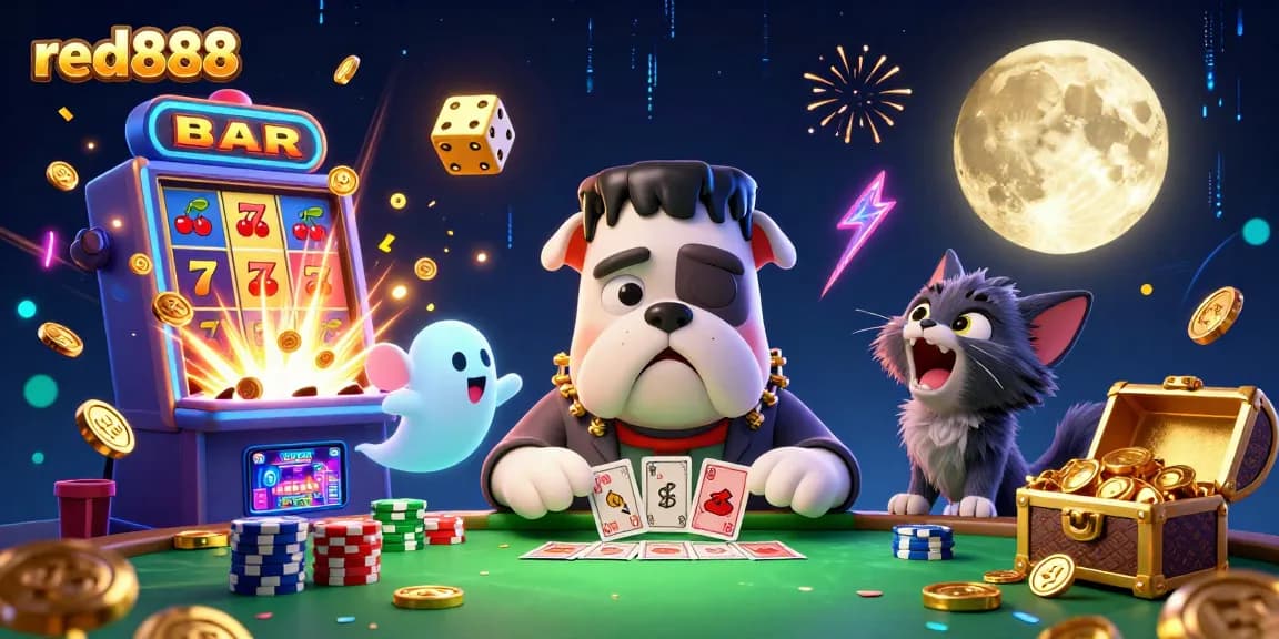 Experience the excitement at red888 with a spooky casino scene featuring cartoon characters amidst vibrant game elements.