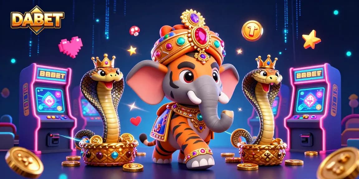 DABET showcases an enchanting 3D scene with a tiger, elephant, and cobra, reflecting vibrant casino gaming excitement