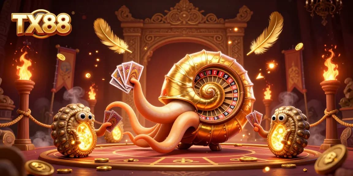 Experience the thrill of TX88 with a dynamic 3D illustration featuring a giant nautilus roulette wheel surrounded by glowing elements.