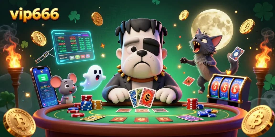 Join the thrilling action at vip666 with a vibrant 3D illustration showcasing a Frankenstein bulldog dealer, ghost mouse, and werewolf kitten in an energetic casino scene.