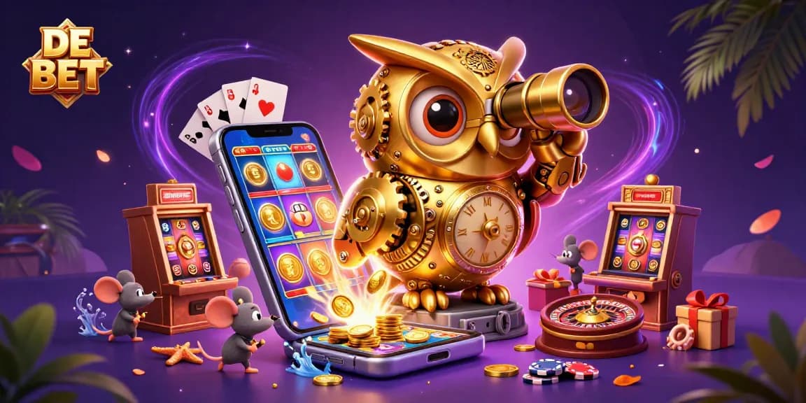 Experience DE BET with a vibrant 3D casino scene showcasing a golden owl and mouse patrons hitting jackpots.