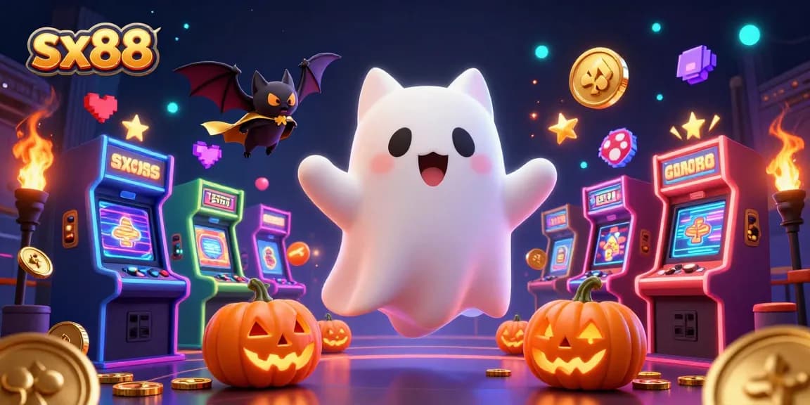 Experience the excitement of sx88 in a bustling casino scene with a friendly ghost cat and spooky elements.