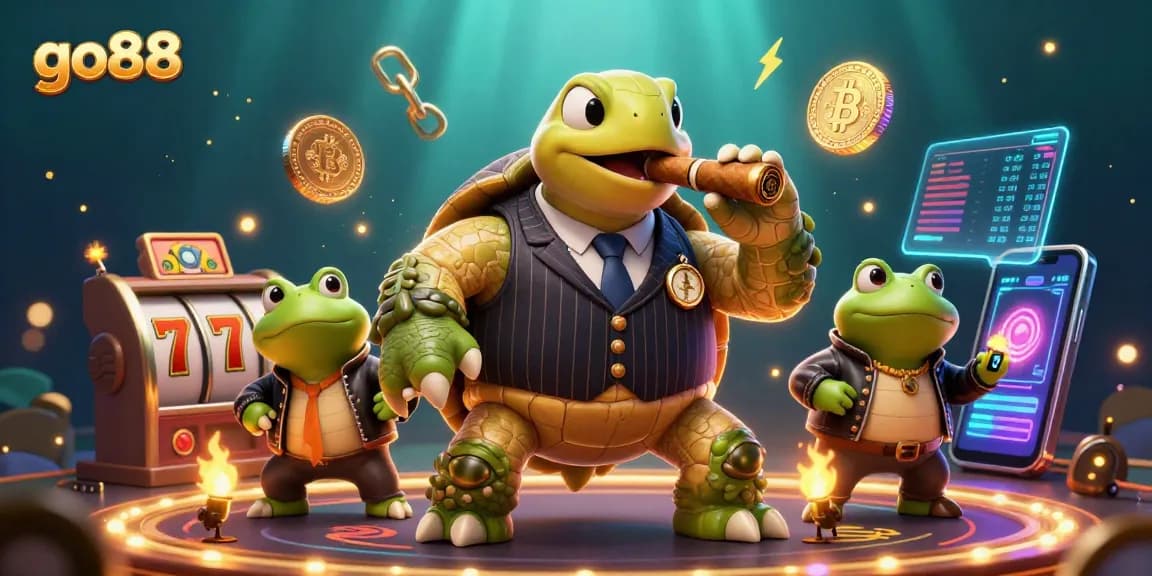 Spin the wheels at go88 with a snapping turtle dressed as a mobster and bullfrogs by its side.