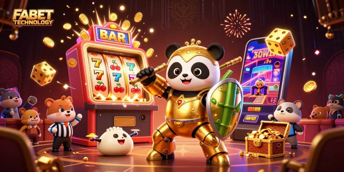 Experience FABET TECHNOLOGY in a vibrant casino arena with animated characters battling for jackpot rewards.