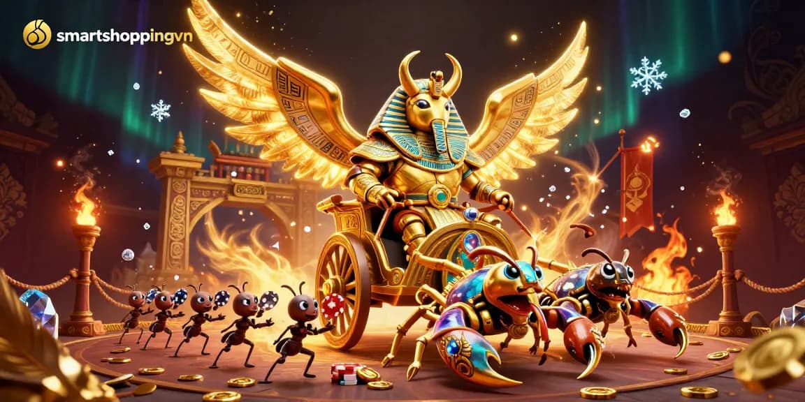 Smartshoppingvn showcases a vibrant 3D casino scene featuring a golden scarab beetle and jewels, emphasizing thrilling gameplay.
