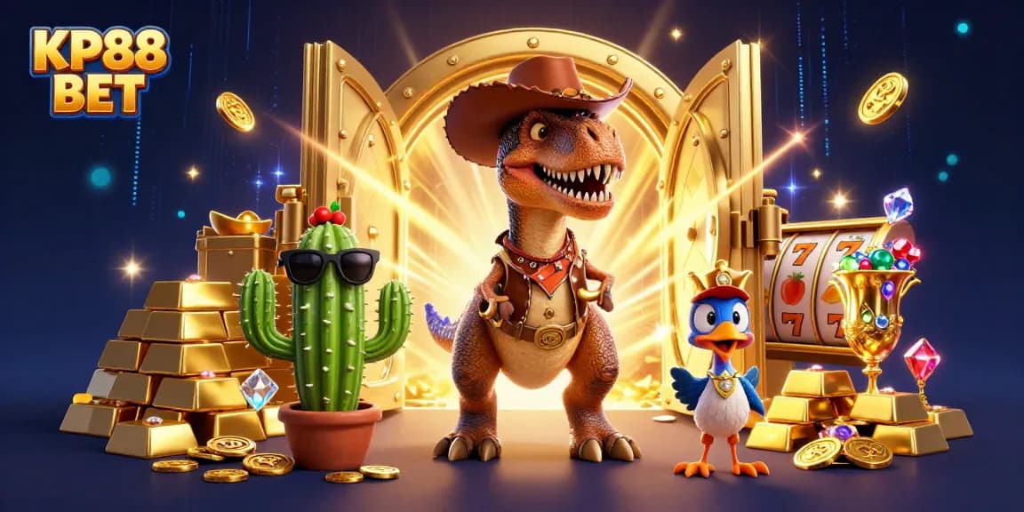Experience the thrill of KP88 BET with vibrant cartoon characters amid dazzling casino treasures and slot reels.