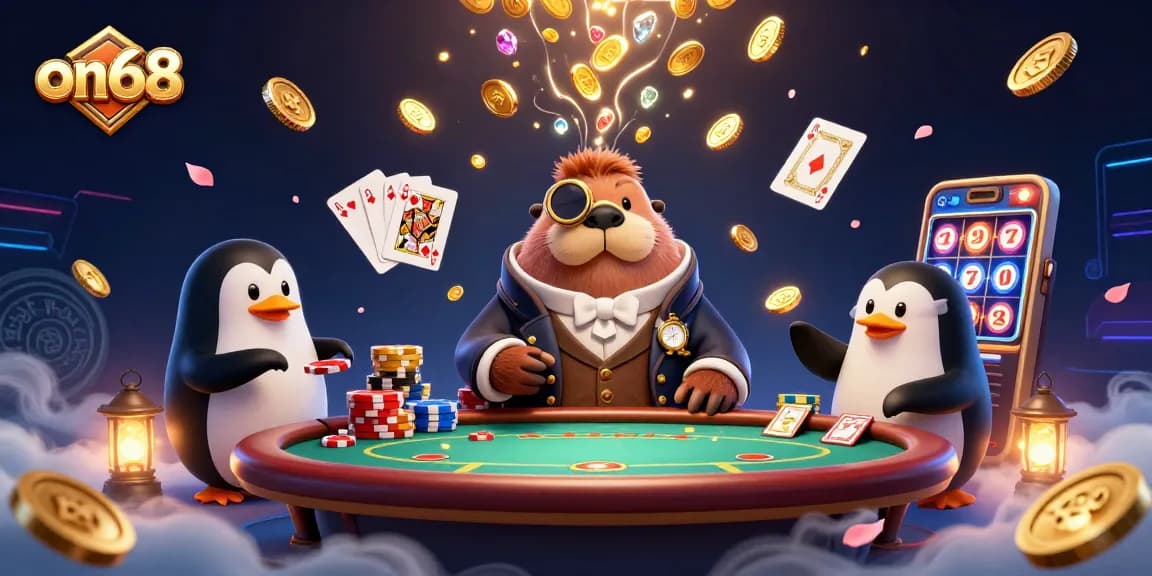 Join the excitement at on68 with a jolly walrus playing poker underwater among sparkling gems.