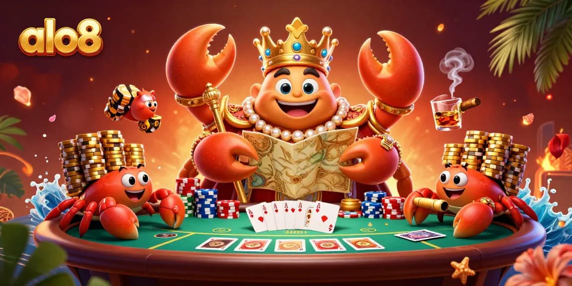 Experience the excitement of alo8 with a golden crab emperor among vibrant poker games and treasures.
