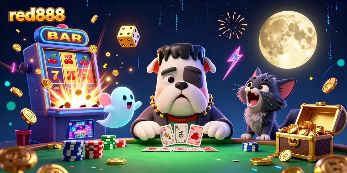 Experience the excitement at red888 with a spooky casino scene featuring cartoon characters amidst vibrant game elements.