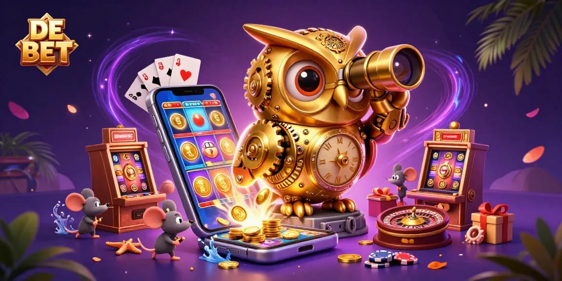 Experience DE BET with a vibrant 3D casino scene showcasing a golden owl and mouse patrons hitting jackpots.