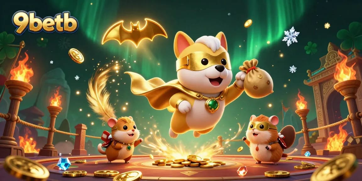Engage in thrilling play at 9betb with a dynamic scene of a superhero dog and hamster amongst casino elements.