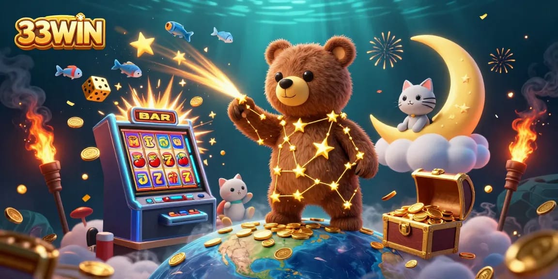 Play slots and win big with 33WIN in this vibrant, dynamic casino illustration.