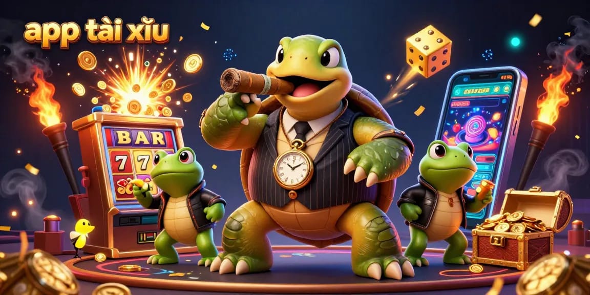 Experience the thrilling app tài xỉu with colorful casino action featuring golden dice and a vibrant slot machine.