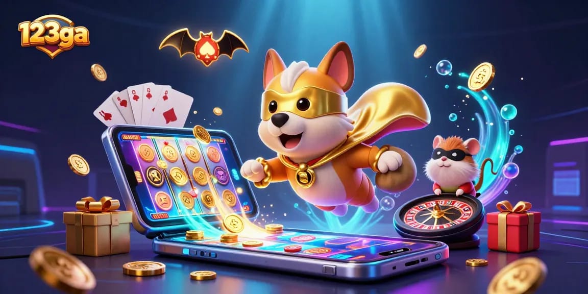 Engage with 123ga through a colorful slot game scene featuring a superhero dog flying with gold coins.