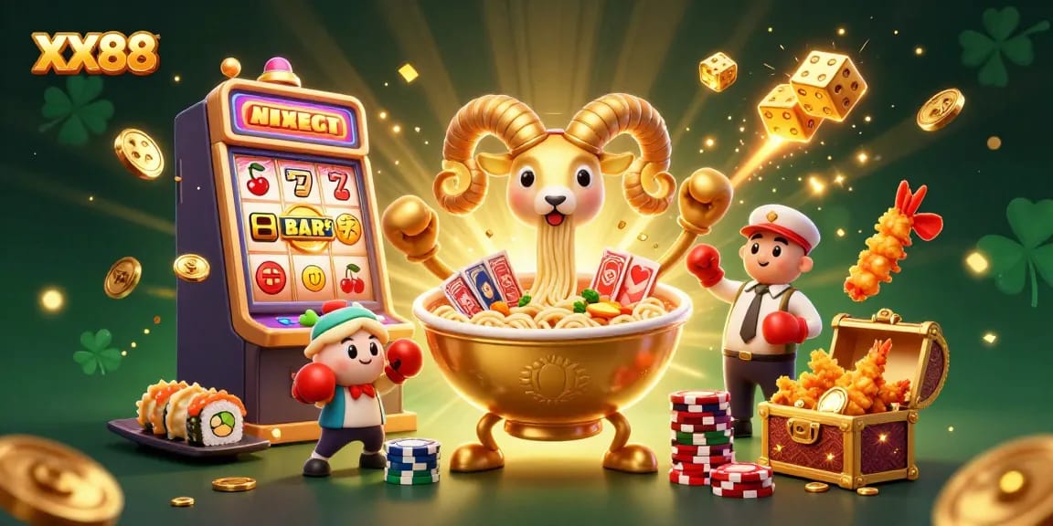 Win big with XX88 at the dynamic casino scene featuring a golden ramen bowl and slot machine explosion