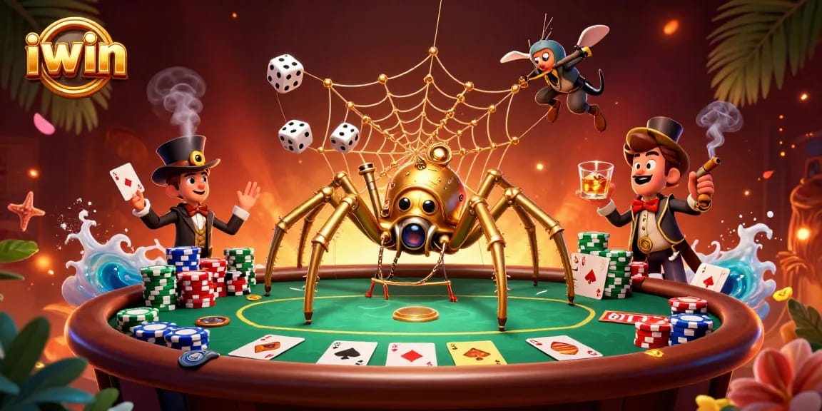 Players engage thrillingly with iwin’s exciting poker scene filled with intricately designed elements and vibrant gambling details.