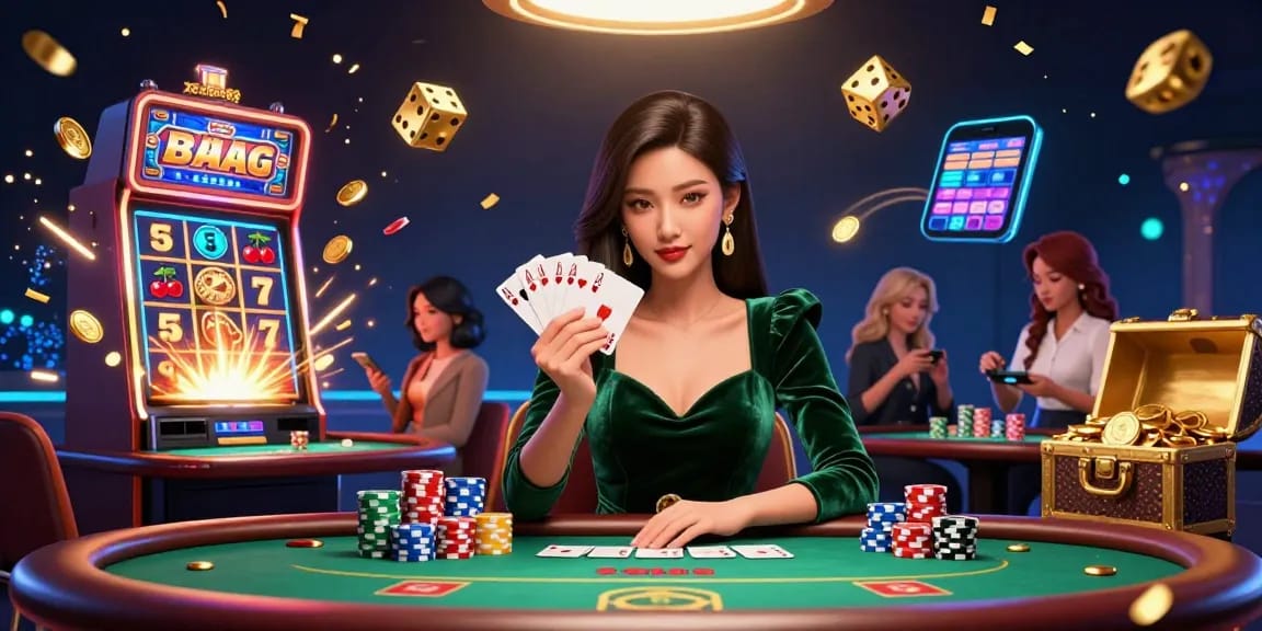 xocdiaa88 features a strategic poker player at a luxury table surrounded by vibrant casino elements.