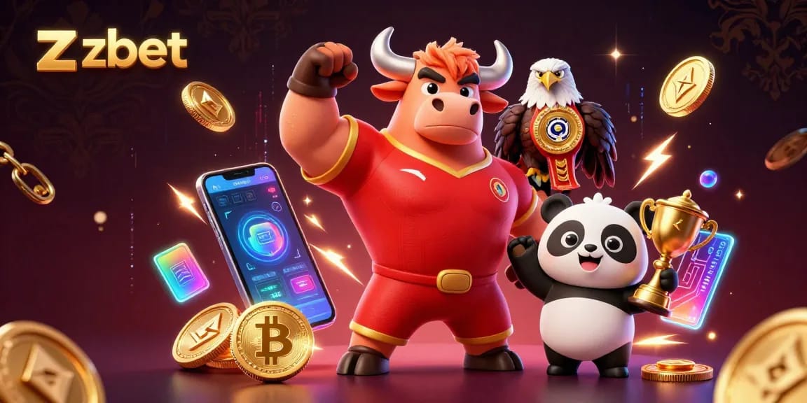 Zbet vibrant casino scene showcasing a victorious bull mascot with a winning panda, celebrating jackpots and crypto rewards.
