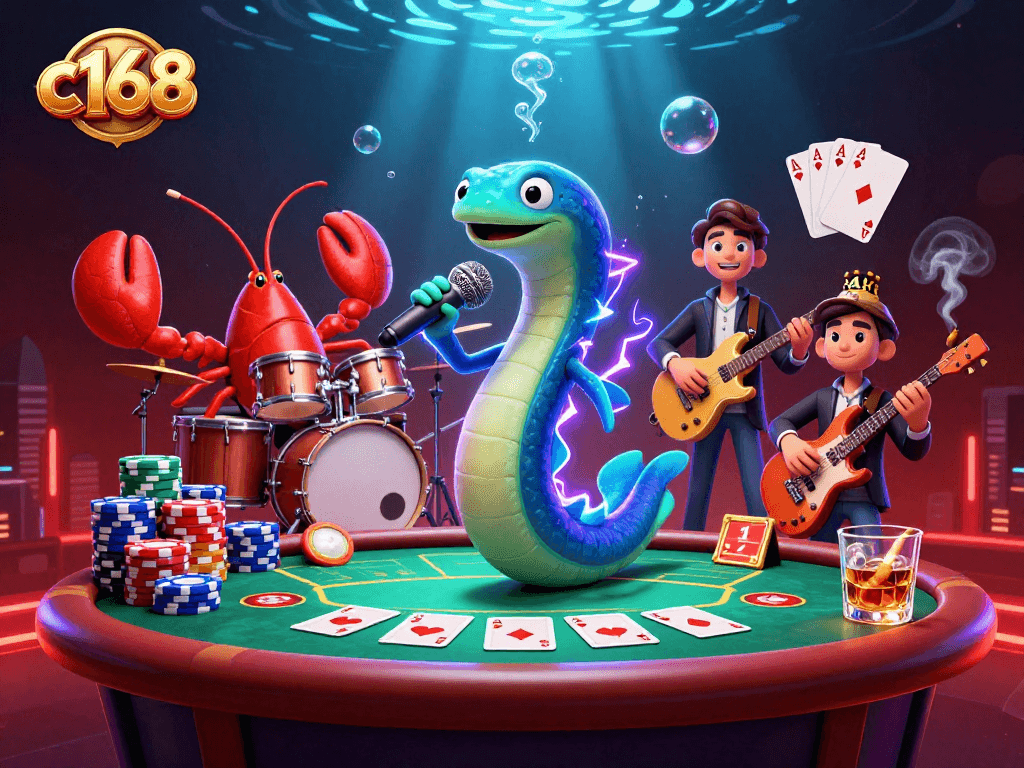 Engage with c168 at a vibrant underwater casino featuring lively characters and thrilling poker action.