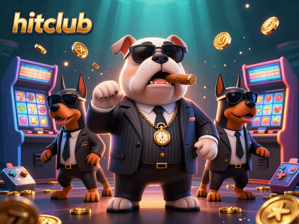 Experience the excitement at hitclub with a mafia-themed 3D casino illustration showcasing vibrant arcade elements.