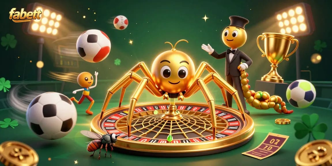 Engage in betting excitement with fabett in a vibrant 3D casino scene featuring a golden spider and sports elements.
