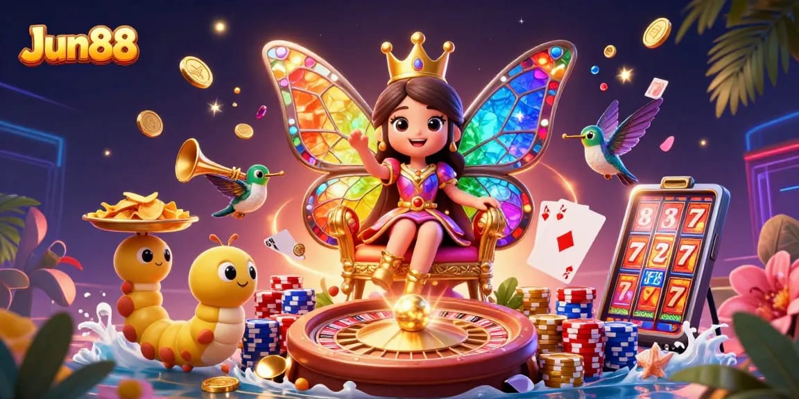 Bet on Jun88 with the butterfly queen at a vibrant casino, featuring a dynamic gaming scene.