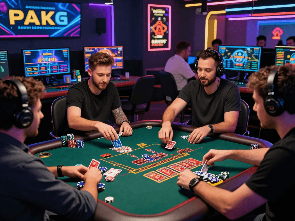 Enthusiastic group playing at a crypto casino with vibrant neon lights and digital gaming tables.
