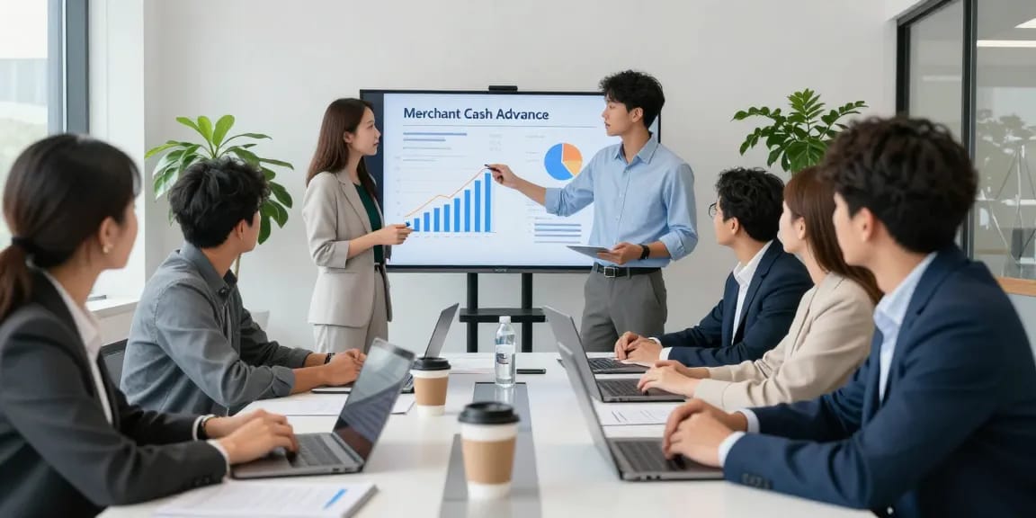 Merchant cash advance UK team discussing business strategies in a modern office setting.