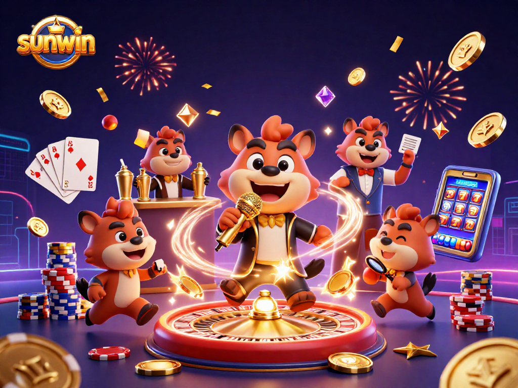 Experience the vibrant fun at sunwin casino with hyenas enjoying a lively comedy club atmosphere.