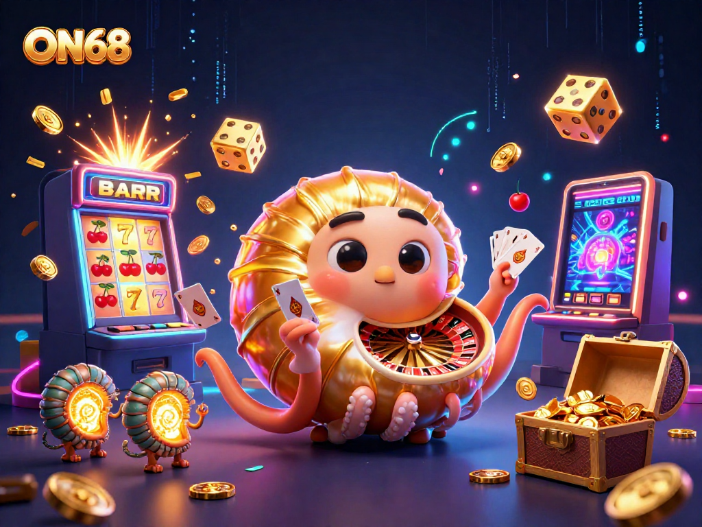 Engage with ON68's thrilling 3D casino adventure featuring a giant nautilus roulette wheel and vibrant game elements.