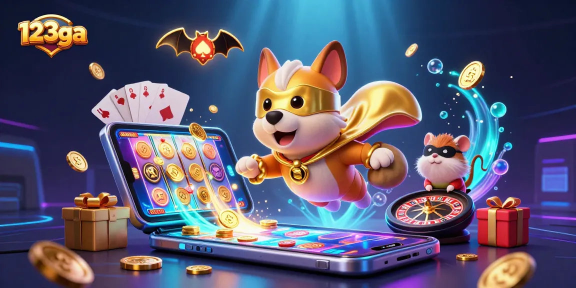 Engage with 123ga through a colorful slot game scene featuring a superhero dog flying with gold coins.