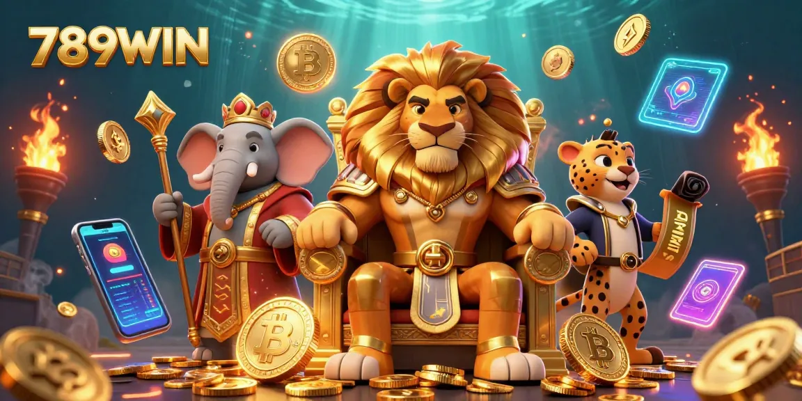Engage with exciting gaming from 789WIN, featuring a cartoon lion king, elephant advisor, and cheetah messenger.