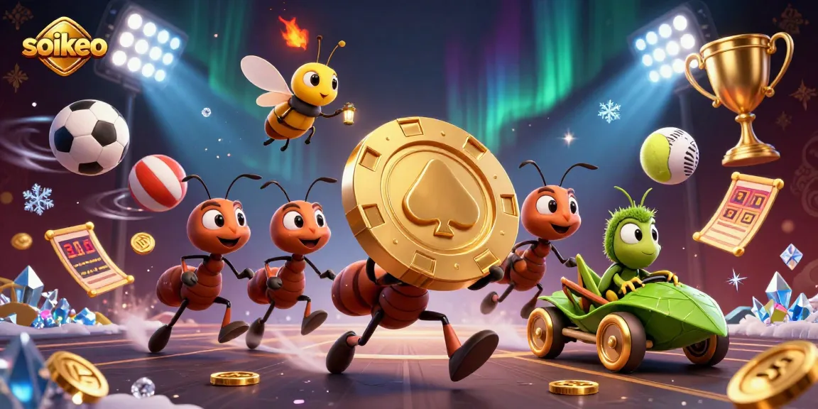 soikeo sports betting scene with 3D cartoon ants and dynamic elements
