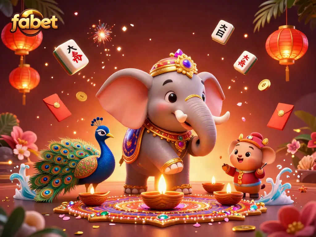 Fabet offers thrilling gameplay with 3D elephant and peacock in a vibrant casino atmosphere.