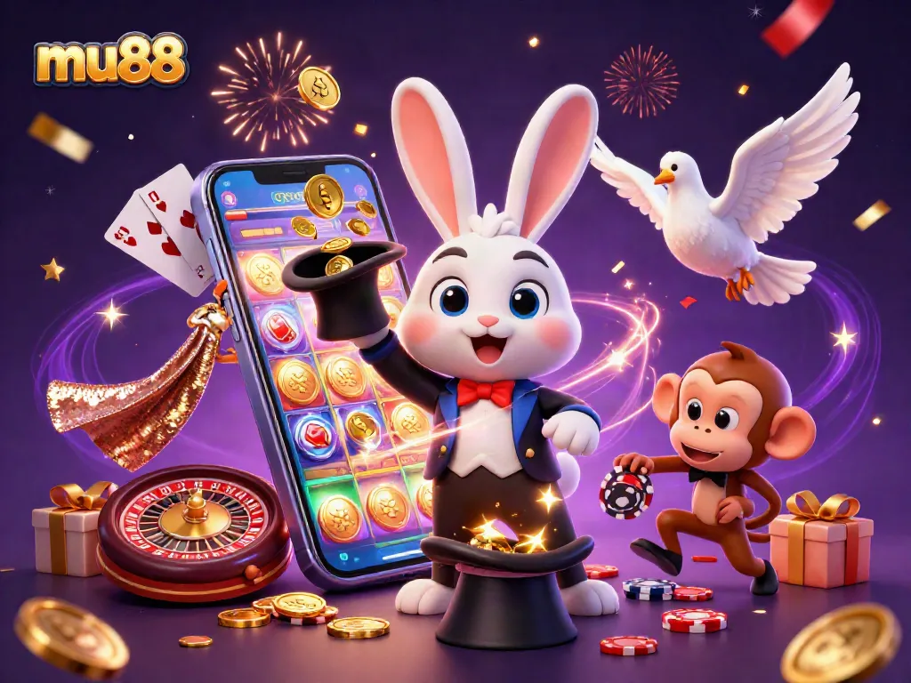 Experience the thrill of mu88 with a magical scene of a rabbit, dove, and monkey amidst casino games and riches.